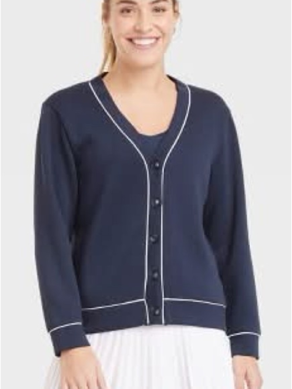 all in motion Navy Cardigan with White Contrast Trim